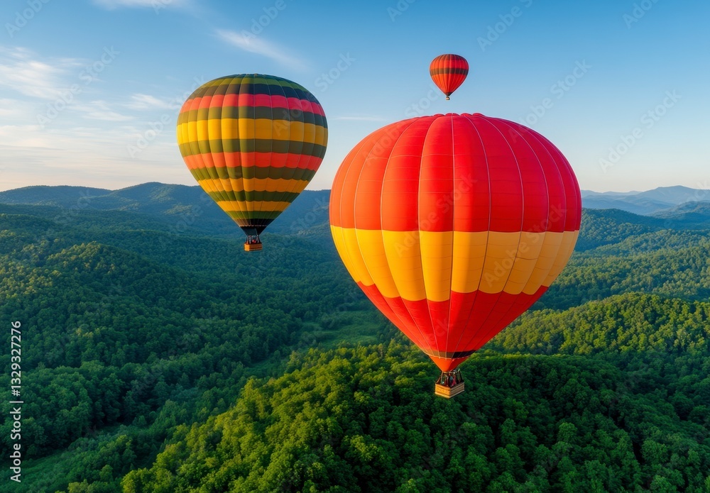 Fototapeta premium Red and Yellow Hot Air Balloons Soaring Over Lush Green Hills Under a Clear Blue Sky