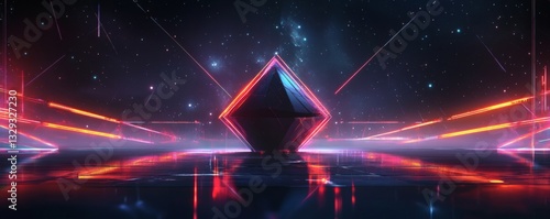 Glowing diamond shape with vibrant lights and a starry background