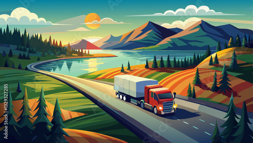 Aerial view of semi truck with cargo trailer on road curve at lake shore with green pine forest. Transportation background. Beautiful nature landscape at sunset in Republic of Karelia, 