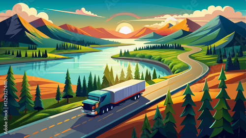 Aerial view of semi truck with cargo trailer on road curve at lake shore with green pine forest. Transportation background. Beautiful nature landscape at sunset in Republic of Karelia, 