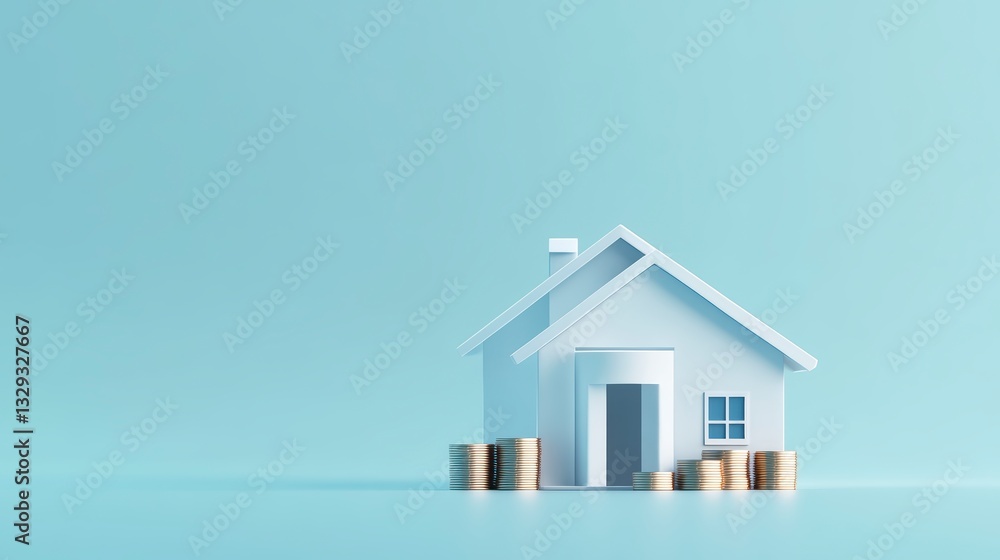 A simple house model, coins, with a light blue roof and a solid pastel background. The illustration is in an isometric, using a clay material and a white color palette. A simple house model, coins, with a light blue roof and a solid pastel background. The illustration is in an isometric, using a clay material and a white color palette.