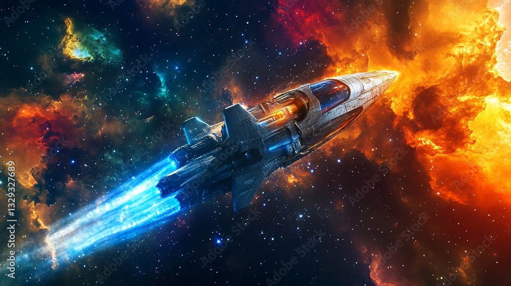 Spaceship launching through vibrant nebula. Spaceship launching through vibrant nebula.