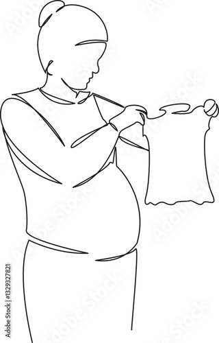 One continuous single drawing line art flat doodle choosing, pregnant, woman, lifestyle, buying, clothing. Isolated image hand draw contour on a white background, hand drawn, not AI