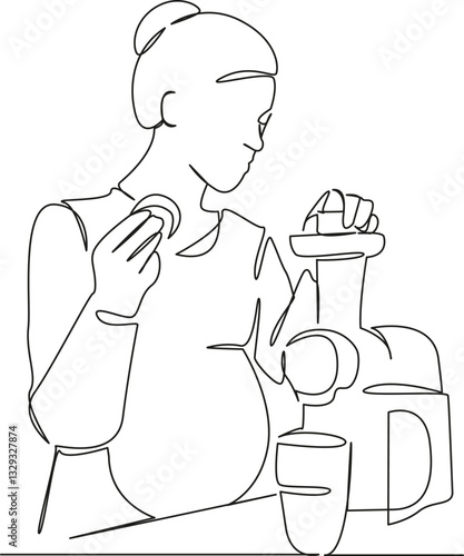 One continuous single drawing line art flat doodle mother, pregnant, juicer, fruit, kitchen, woman, drink. Isolated image hand draw contour on a white background, hand drawn, not AI