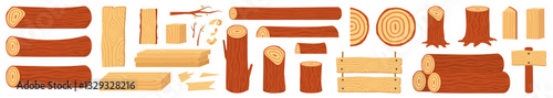 Cartoon wood set. Wood tree logs, stumps and trunks, wooden pieces etc. Vector