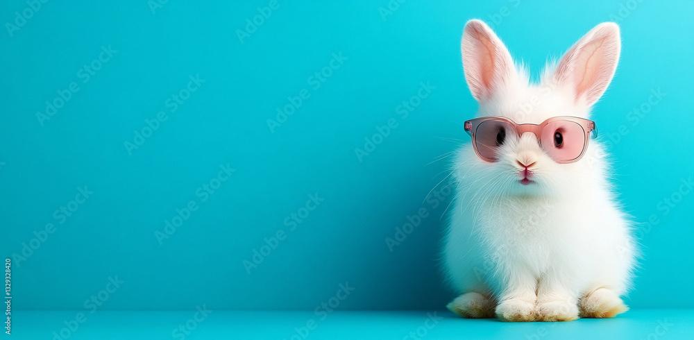 cute, happy, smiling rabbit with sunglasses, isolated on a blue background. detailed illustration cute, happy, smiling rabbit with sunglasses, isolated on a blue background. detailed illustration