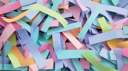 High-angle, close-up view of a pile of shredded paper. The paper is in various pastel shades including pinks, blues, yellows, and greens. The pieces are irregularly shaped and sized, creating a