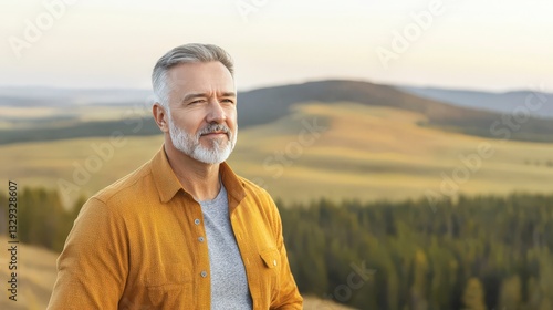 Thoughtful man enjoys scenic landscape view with rolling hills and lush forests during golden hour in nature