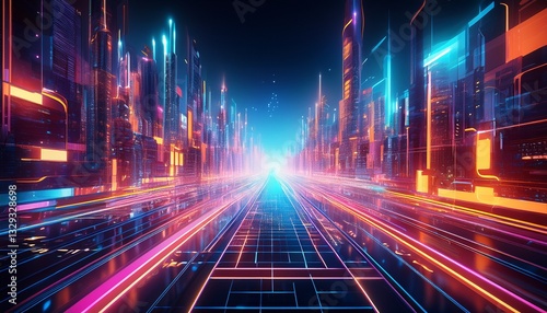Abstract representation of a sci-fi city grid, featuring vibrant neon pathways and geometric shapes that evoke a futuristic, high-tech urban landscape.
