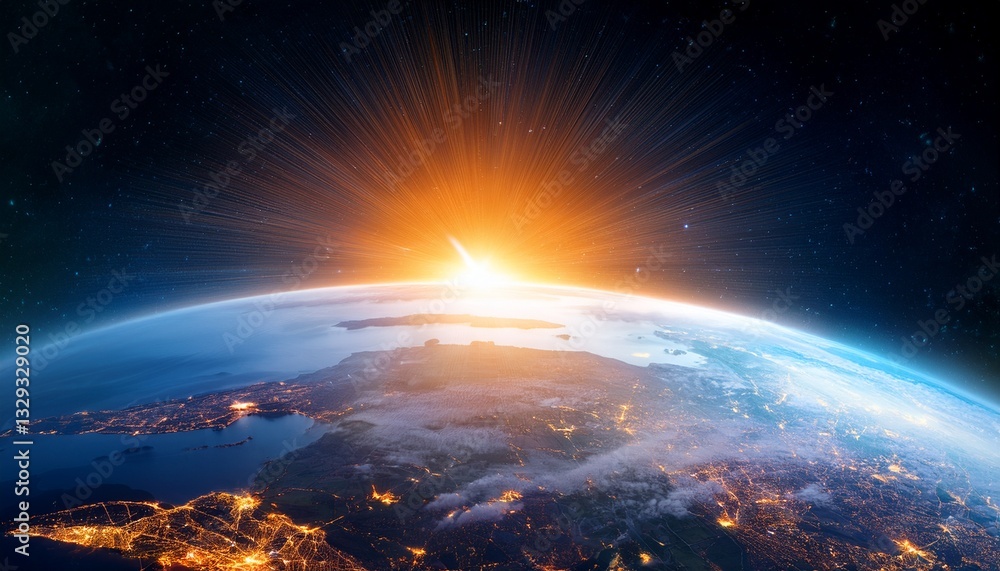 Panoramic view on planet Earth globe from space. Glowing city lights, light clouds Panoramic view on planet Earth globe from space. Glowing city lights, light clouds