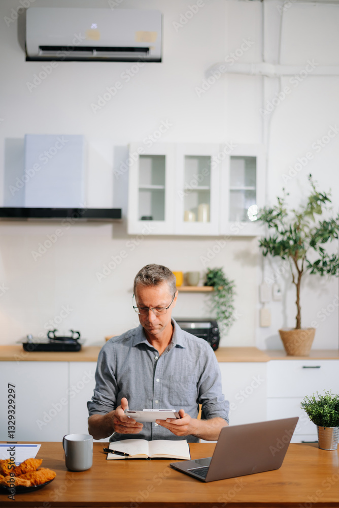 Mature businessman using a laptop at home while a young woman works in the kitchen. Ideal for remote work, freelancing Mature businessman using a laptop at home while a young woman works in the kitchen. Ideal for remote work, freelancing