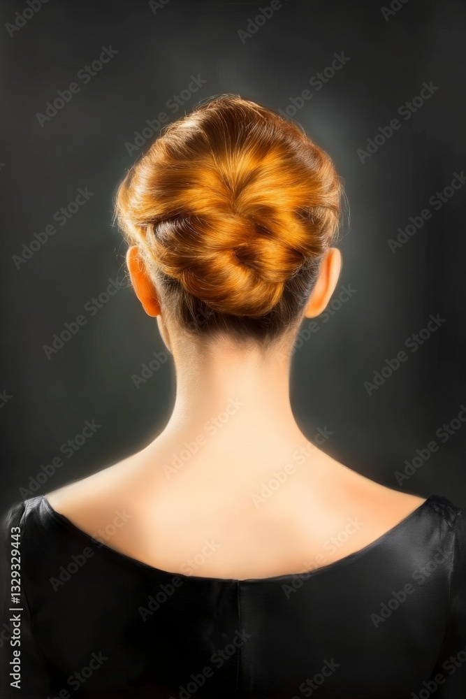 Naklejka premium Elegant Woman with Beautiful Hair Bun from Back in Soft Lighting on Dark Background