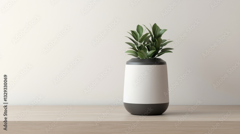 Fototapeta premium A minimalist potted plant sits on a wooden surface against a plain wall, showcasing a modern design and natural greenery.