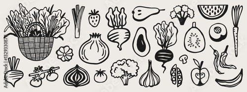 Cute vegetable and fruit hand-drawn doodle elements. Vegetable shop vector set