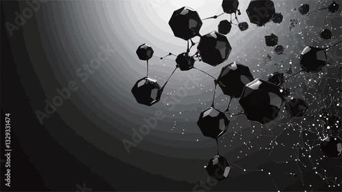 Monochrome image depicting an abstract representation of a molecular structure.  The image features numerous dark, polyhedral shapes interconnected by thin lines, suggesting bonds. The shapes are