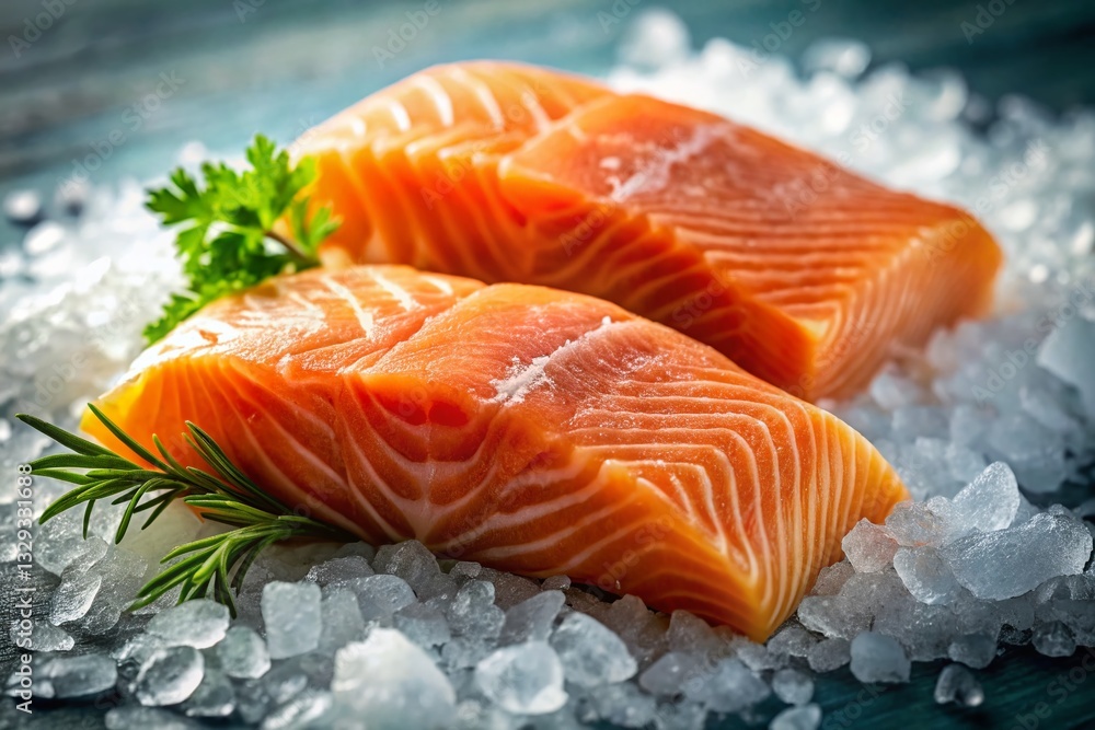 Fresh Vancouver Salmon: Close-up of Two Salmon Fillets on Ice at Market Fresh Vancouver Salmon: Close-up of Two Salmon Fillets on Ice at Market