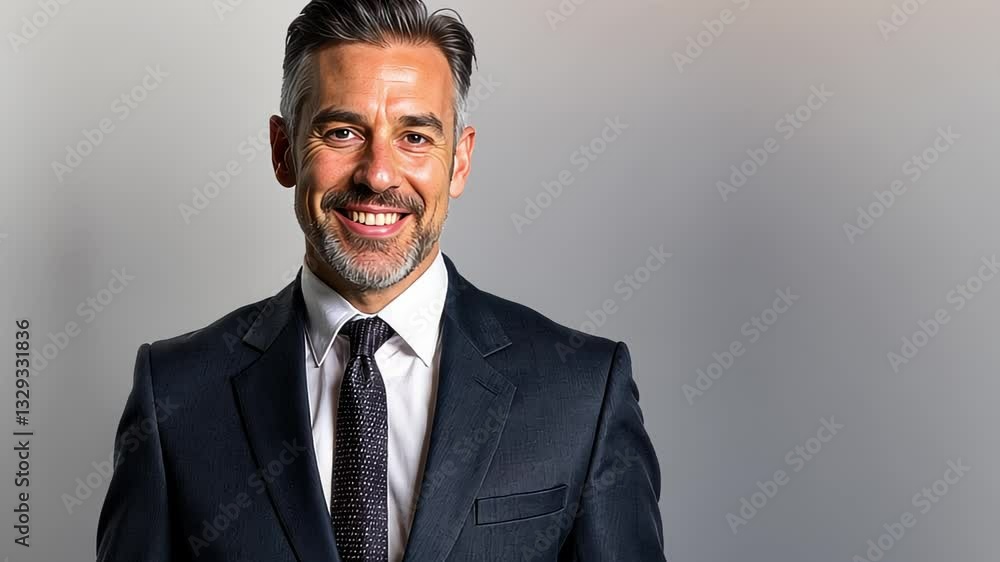 A middle-aged businessman exudes confidence and warmth, standing in a tailored suit. his engaging smile enhances a professional yet approachable demeanor, creating a positive and dynamic mood. A middle-aged businessman exudes confidence and warmth, standing in a tailored suit. his engaging smile enhances a professional yet approachable demeanor, creating a positive and dynamic mood.