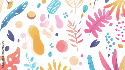 The image is a digital illustration featuring an abstract floral pattern.  It's composed of various pastel-colored shapes representing leaves, flowers, and organic forms. The shapes are rendered in