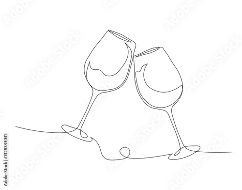 Elegant line drawing of two wine glasses clinking together in celebration at a joyful gathering