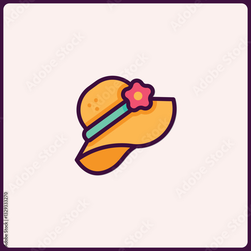 Stylized Sunhat Icon with Floral Accent, Design for Summertime Aesthetics