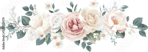 Dusty pink and cream rose, peony, hydrangea flower, tropical leaves vector garland. Dusty pink and cream rose, peony, hydrangea flower, tropical leaves vector garland wedding bouquet