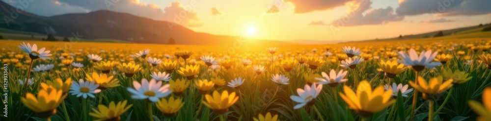 Obraz premium Radiant dawn illuminates endless daisy field, breathtaking view , outdoor, serene