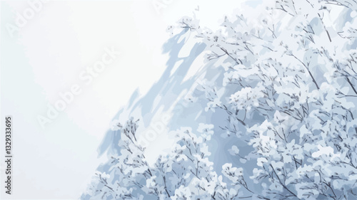 Close-up view of snow-covered tree branches partially obscured by a thick fog or mist. The image is predominantly white and light blue tones, with a soft, diffused light source. The focus is on the