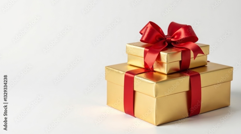 Fototapeta premium Two gold gift boxes adorned with a vibrant red ribbon, a symbol of celebration and thoughtful giving