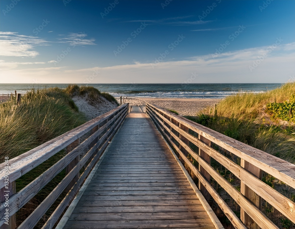 Fototapeta premium Generated image This piece highlights allure of a wooden footbridge that guides individuals to beach
