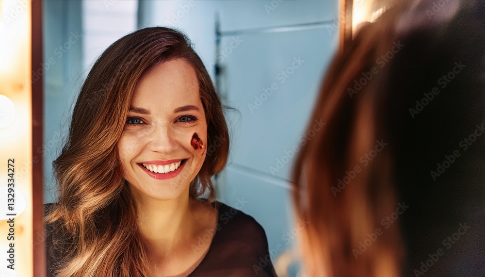 Fototapeta premium A woman gazes into a mirror, her reflection distorted with bruises, yet she wears a flawless smile, hiding the pain beneath a perfect exterior. The contrast evokes deep emotional tension. 
