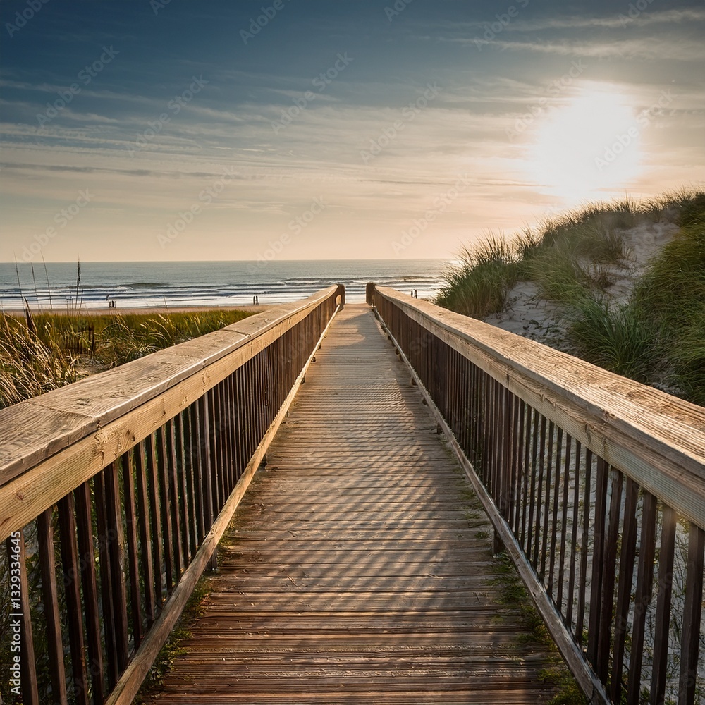 Fototapeta premium Generated image This piece highlights allure of a wooden footbridge that guides individuals to beach