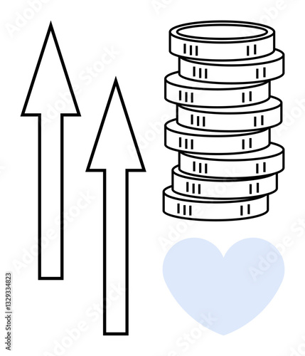 Two upward arrows alongside stacked coins and a heart shape convey financial growth, success, care, and positivity. Ideal for finance, charity, business growth, investment, love prosperity
