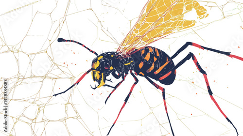 A stylized illustration of a wasp on a spiderweb.  The wasp is depicted in bold, vibrant colors��predominantly yellow, black, and red��with strong, defined lines. The spiderweb is rendered in lighter