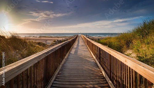 Generated image This piece highlights allure of a wooden footbridge that guides individuals to beach