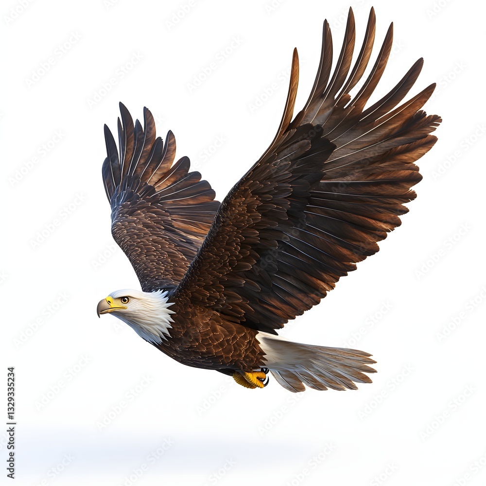 Fototapeta premium A stunning image of a bald eagle in mid-flight, showcasing its powerful wings and majestic presence. A symbol of freedom and the American spirit. Detailed Animal isolated on white background.