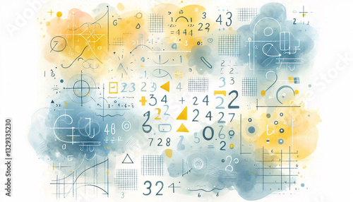Playful Watercolor Background in Soft Pastel Tones of Blue and Yellow with Hand-Drawn Numbers and Geometric Shapes