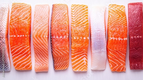 Assortment of fresh salmon and other seafood cuts on display