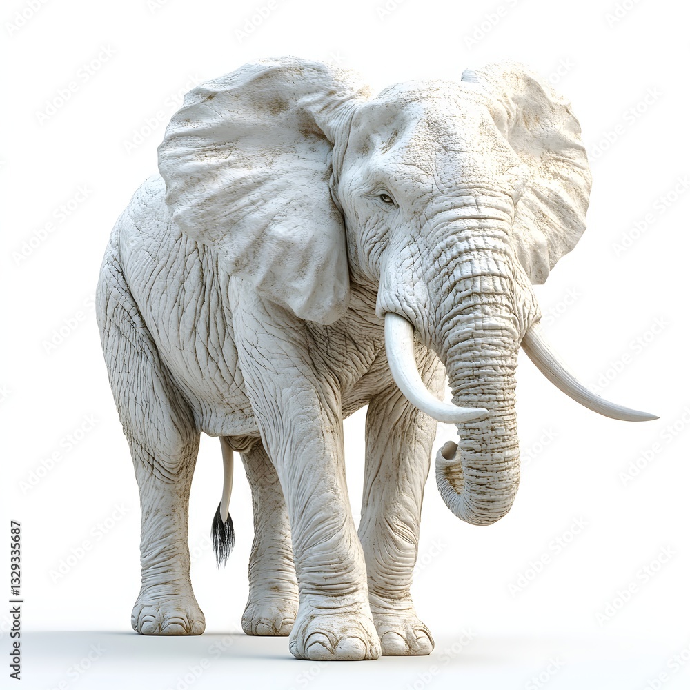 Fototapeta premium A stunning digital rendering of a majestic albino African elephant. Its white skin and imposing size create a powerful image. Detailed Animal isolated on white background. Albino Elephant