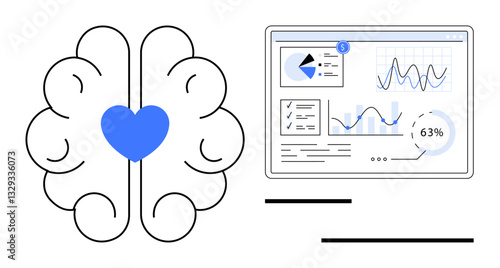 Brain outline with heart in the center and analytics dashboard showcasing graphs, pie charts, text. Ideal for mental health, neuroscience, analytics, emotional intelligence, research, wellness flat