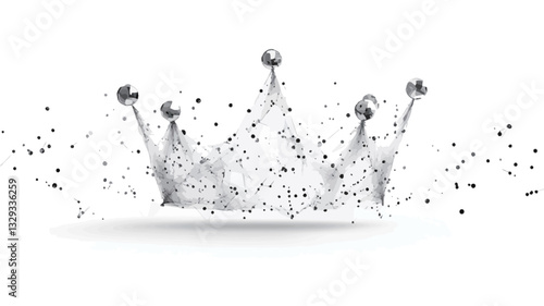 The image shows a stylized silver crown rendered in a fragmented, disintegrating style.  The crown is depicted as composed of numerous small particles, seemingly dissolving or exploding outward