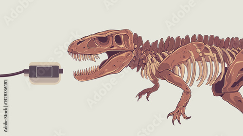 A digital illustration depicting a Tyrannosaurus Rex skeleton in a dynamic pose, seemingly interacting with a simple black cable and cylindrical connector. The style is vector-based, characterized