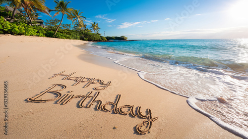 Fototapeta Naklejka Na Ścianę i Meble -  Happy Birthday message written in sand on a tropical beach, with ocean waves and palm trees in the background, conveying a celebratory and relaxing atmosphere