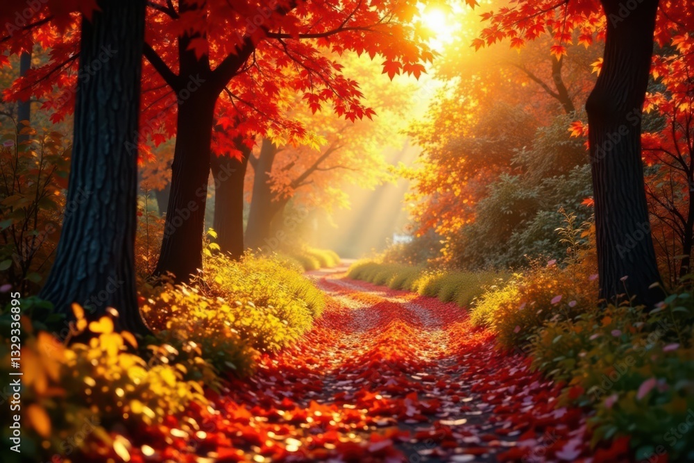 Sun-dappled path through golden leaves, vibrant red and orange foliage , stunning, sunshine, october Sun-dappled path through golden leaves, vibrant red and orange foliage , stunning, sunshine, october
