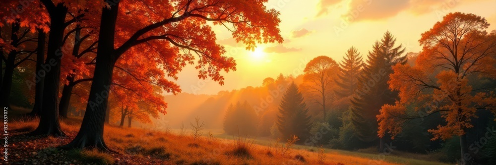 Naklejka premium Sunlit autumn treetops, soft focus, fall forest sky Copy space , nature, golden