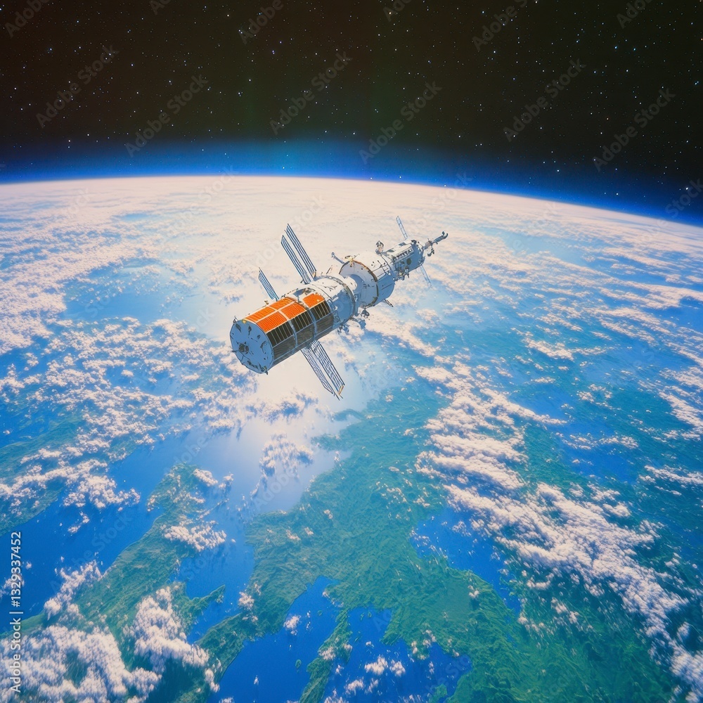 Obraz premium Spacecraft Orbiting Earth Above Blue Oceans and White Clouds