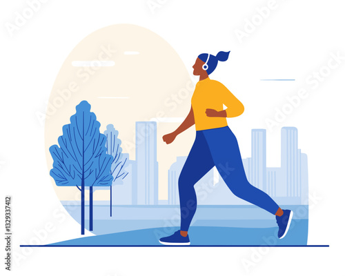 Person jogging in the morning wearing sports clothes and wireless earphones in city park