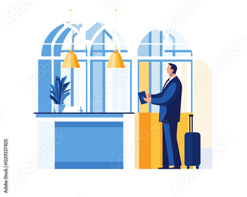 Person checking into hotel, handing passport to receptionist in elegant lobby with luggage beside