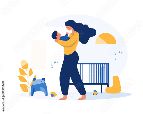 Mother gently rocking baby to sleep in nursery with crib and soft toys in soft blue and yellow tones