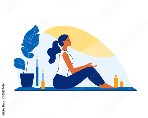 Woman practicing mindfulness in meditative pose on yoga mat with candles and small plant nearby for relaxation