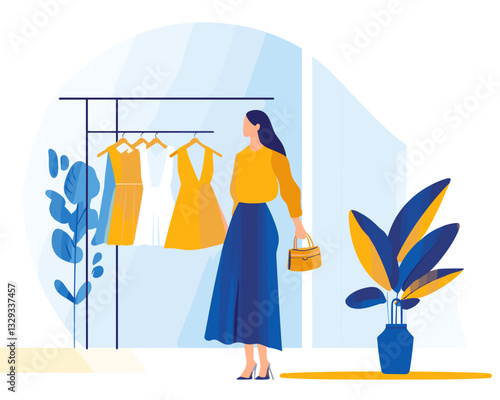 Woman shopping for clothes in boutique browsing dresses on rack holding stylish handbag in fashion retail therapy
